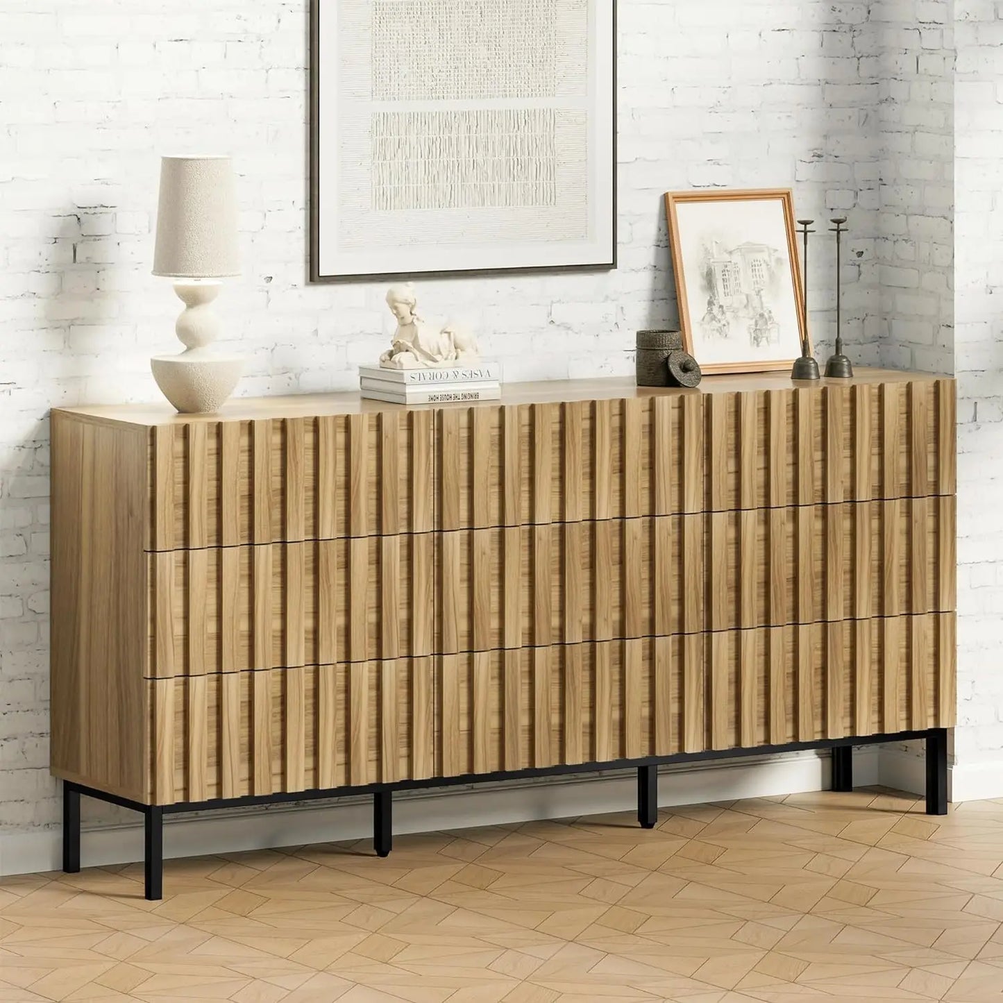 ROWAN Mid-Century Modern Fluted 9 Drawer Dresser - 59" Wide Wood Chest of Drawers