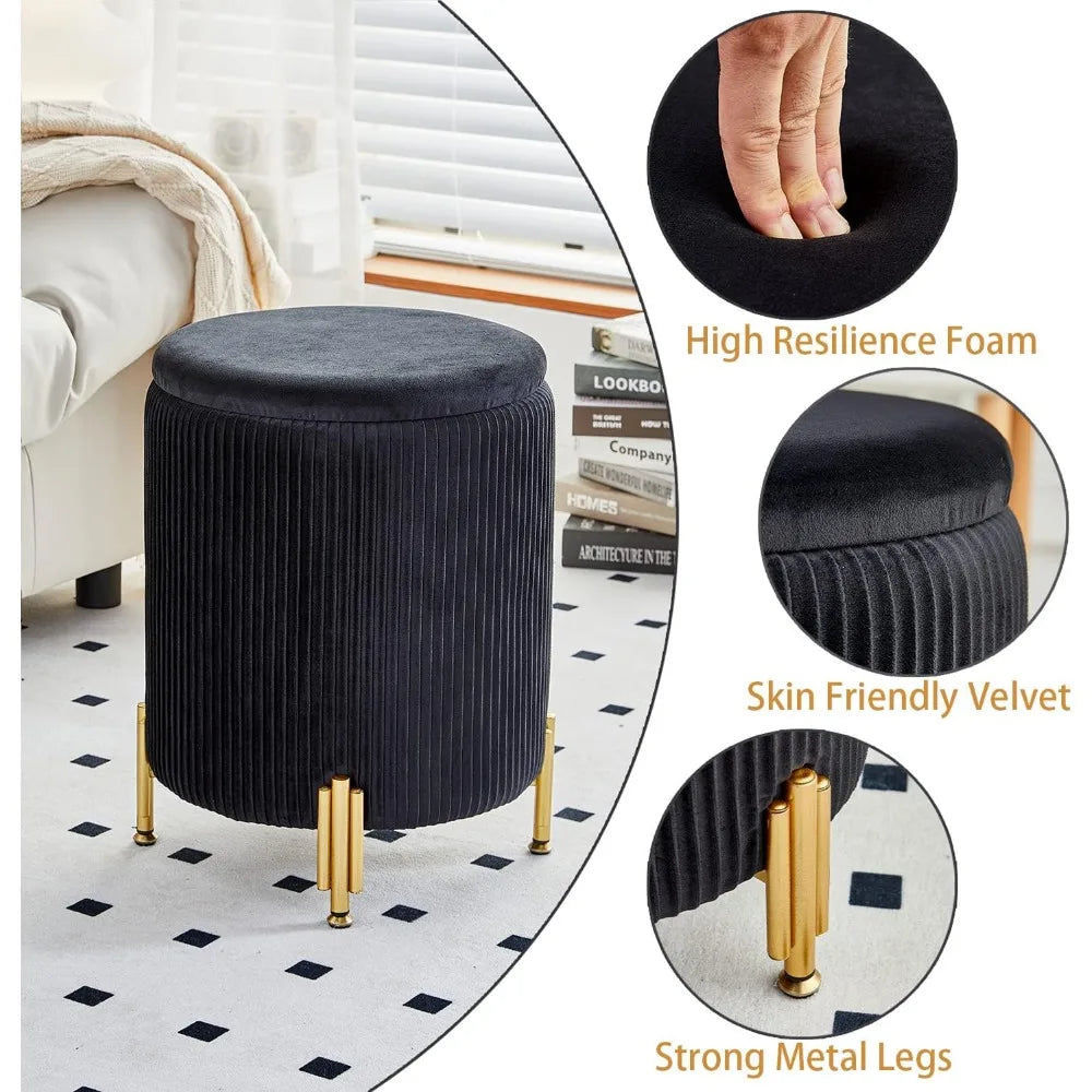 Ayden Round Velvet Upholstered Ottoman with Storage and Metal Legs - 13.8" W