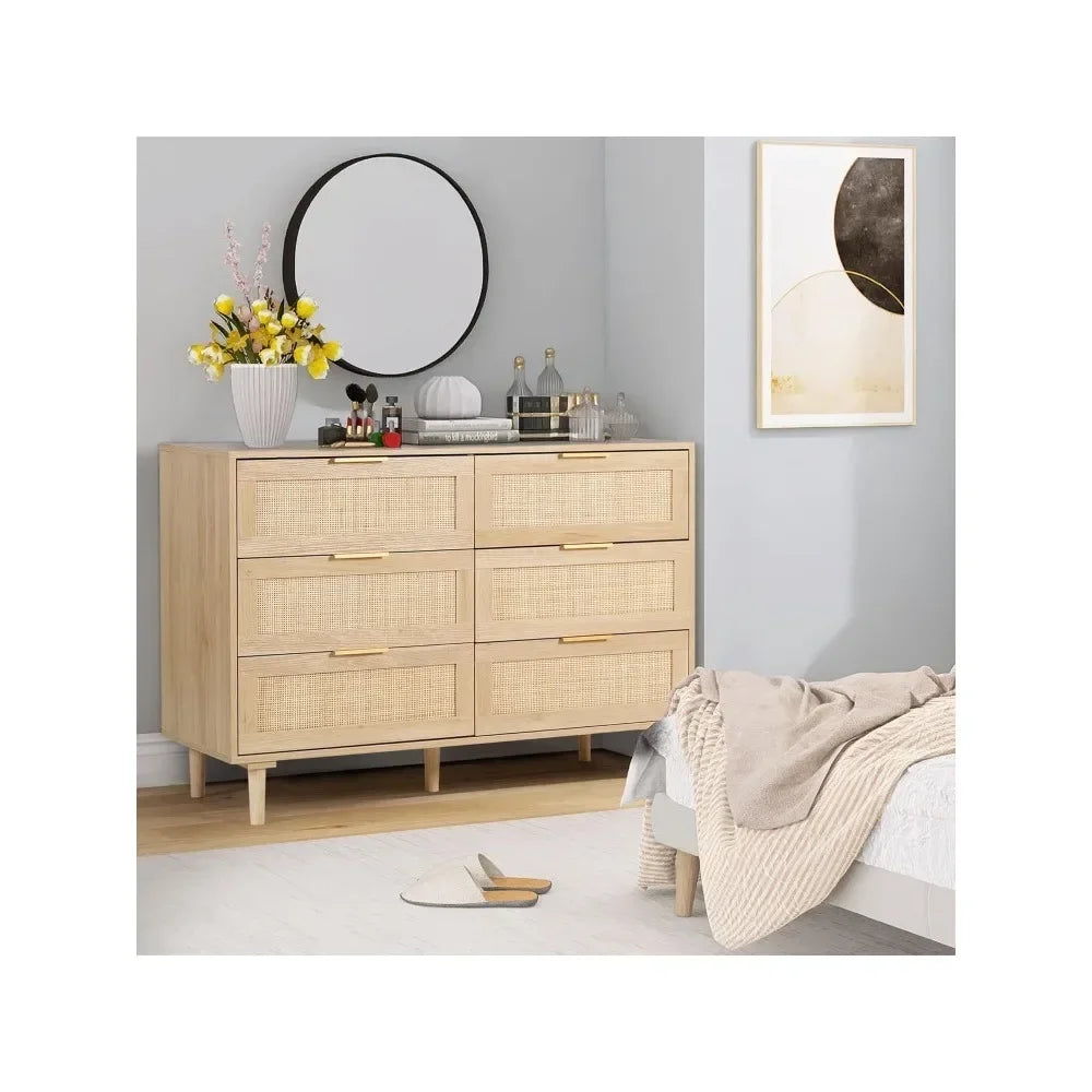 ELIANNA Modern Rattan 6-Drawer Dresser - 43.3" Wide Wood Storage Chest