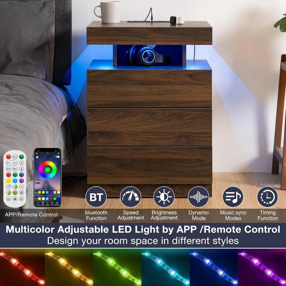 ROSEMARY Nightstand with Wireless Charging Station – 19.7" Wood LED Bedside Table with 3 Drawers
