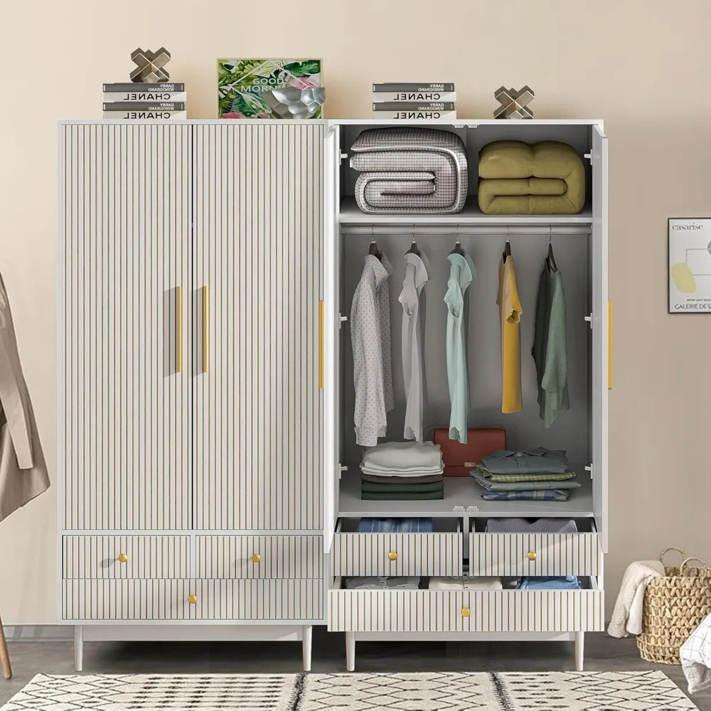 SUNNY Modern Fluted Double-Door Wardrobe Closet Set – 63'' Wide Wooden Bedroom Armoire