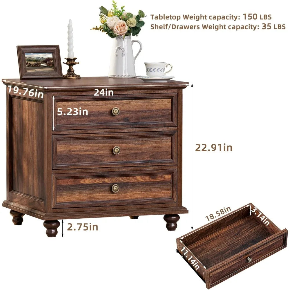 NAYELI Wide Nightstand Set of 2 – Solid Wood End Table with 3 Drawers for Bedroom
