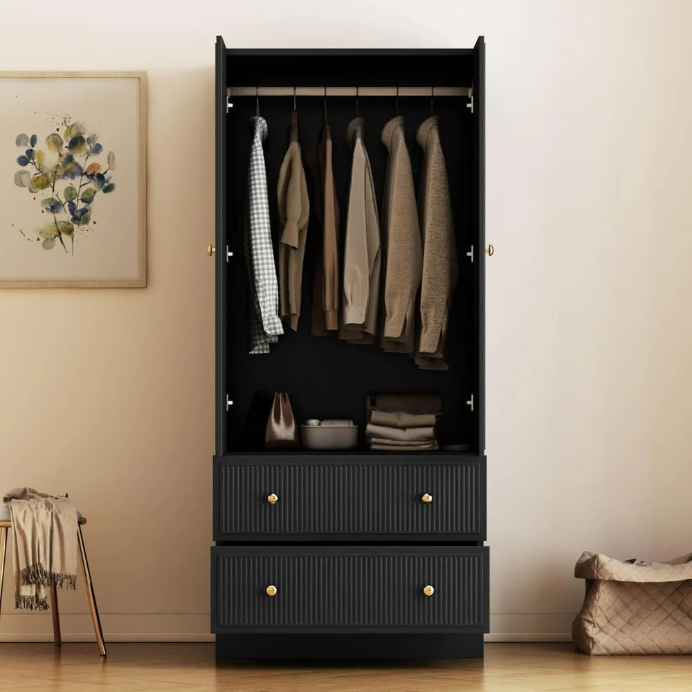 XIOMARA Modern Arched Groove Wardrobe Armoire – Freestanding 2-Door Closet with Drawers & Hanging Rod