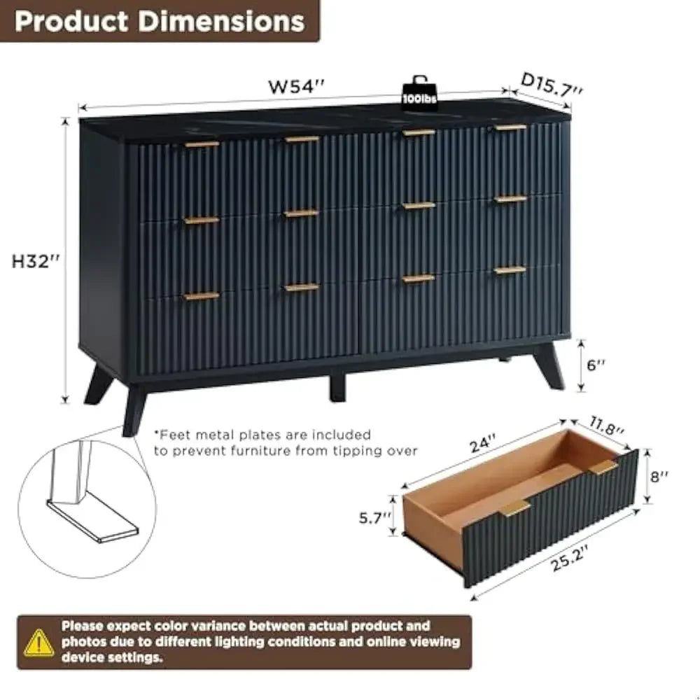 MALIA Modern Fluted Chest of Drawers – Wood Storage Dresser with Gold Handles