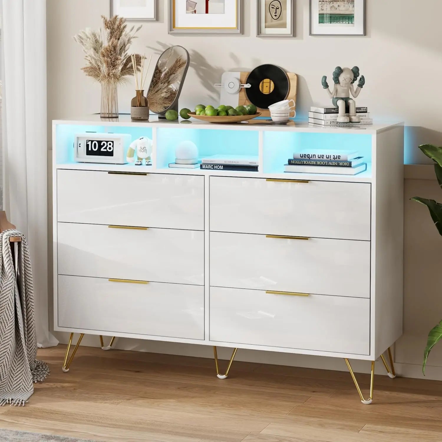 TALIA Modern High-Gloss LED Dresser – 6 Drawer Storage Chest with Open Shelves | 47.2'' W
