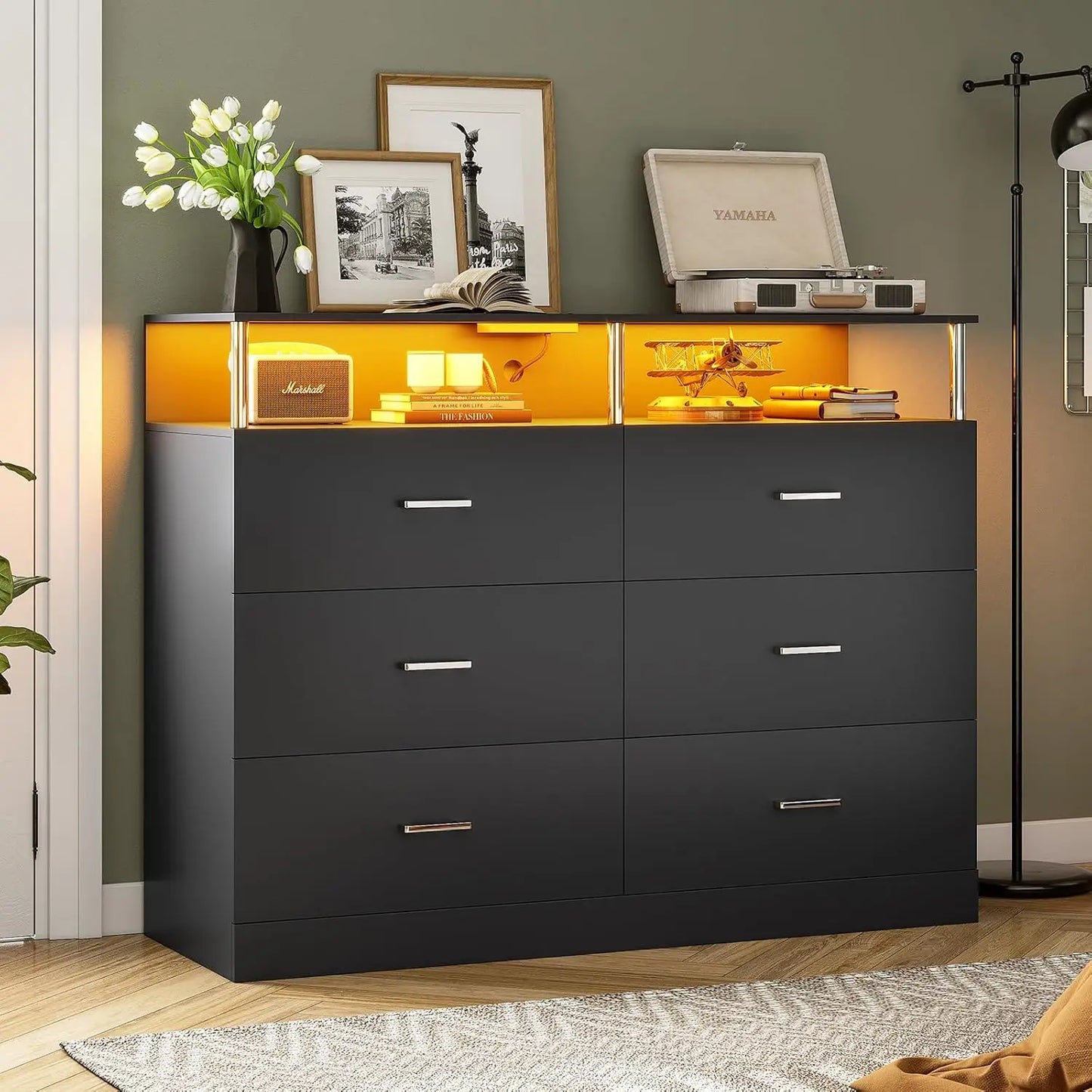 TAYLOR Modern LED Bedroom Dresser – 4 Drawer Storage Chest with Column Design & Charging Station