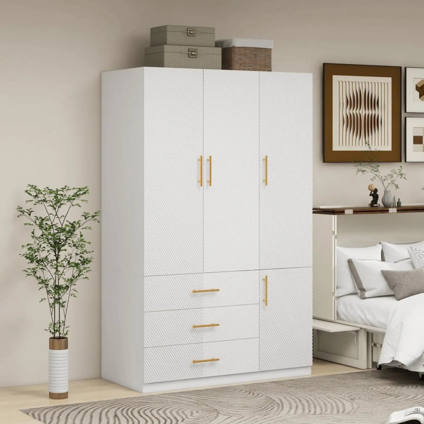 SARAI Modern 3-Door Wooden Wardrobe Armoire Closet Organizer