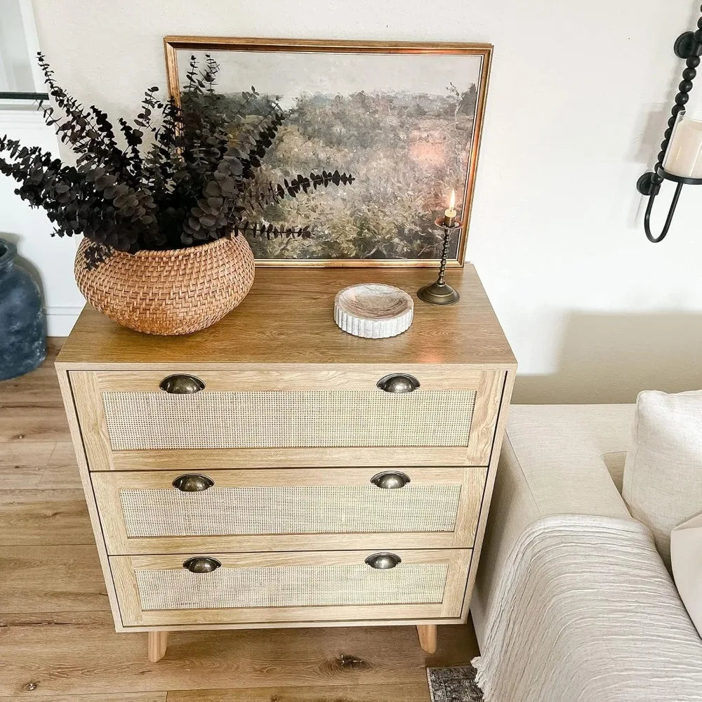 LONDON Boho Rattan Nightstand Set - 3-Drawer Woven Cane Dresser for Bedroom & Living Room - 31.5''