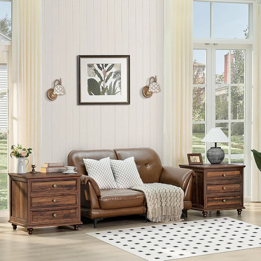 NAYELI Wide Nightstand Set of 2 – Solid Wood End Table with 3 Drawers for Bedroom