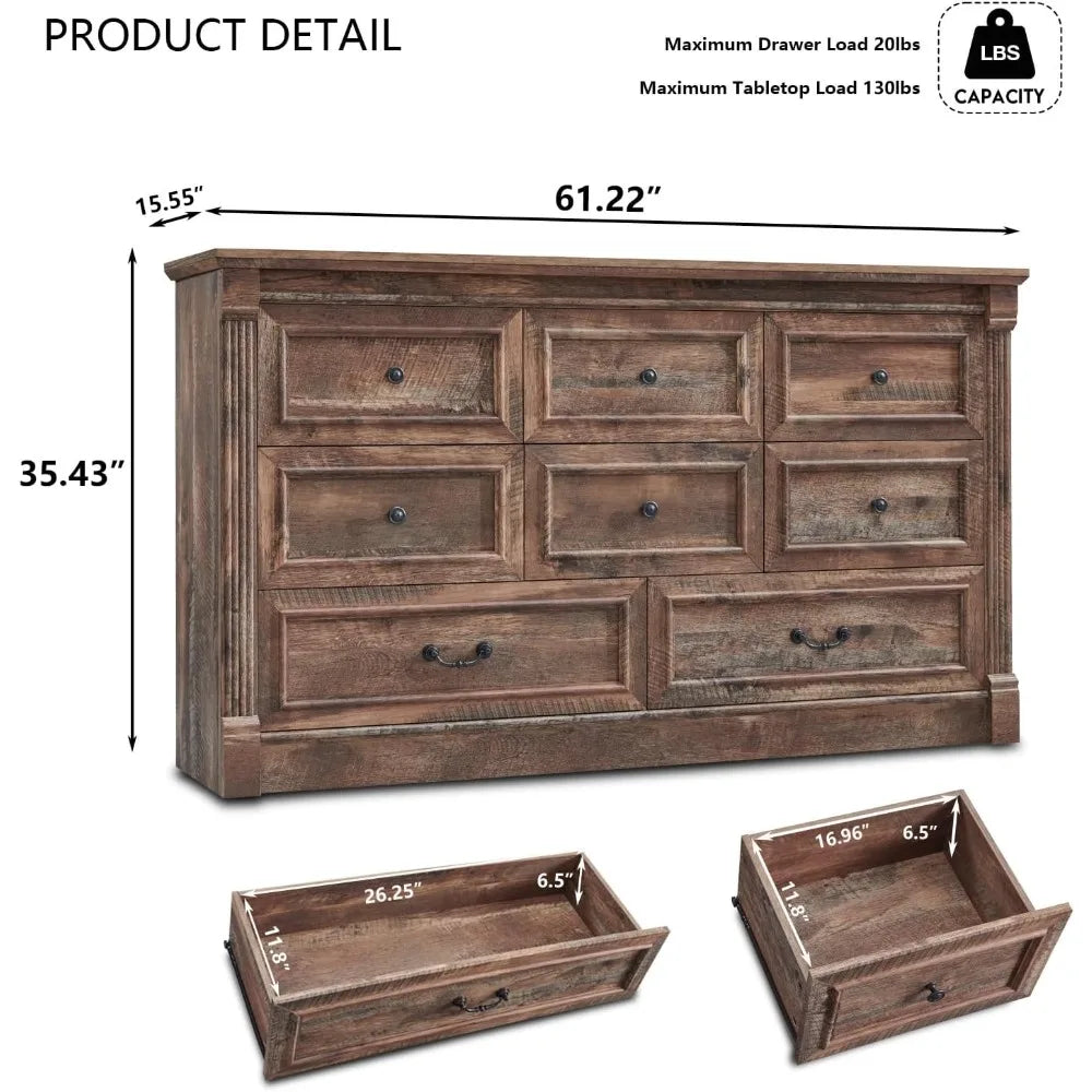 ELISE Rustic Farmhouse 8-Drawer Dresser with Roman Column Design – 61'' Wide Bedroom Storage Chest