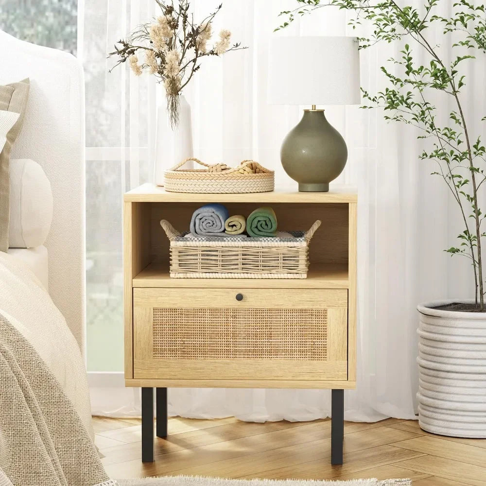 GISELLE Wooden Bedside Table with Metal Legs & Open Shelf - 18.9'' Wide
