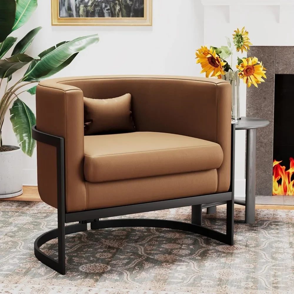 MICAH Brown Faux Leather Barrel Accent Chair – Modern Upholstered Armchair - 31" W