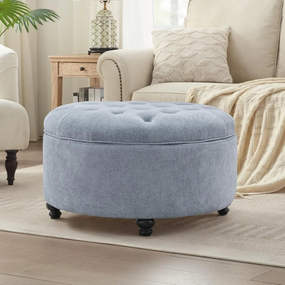 CHASE 30-Inch Round Storage Ottoman with Button Tufting and Removable Top - 30" W