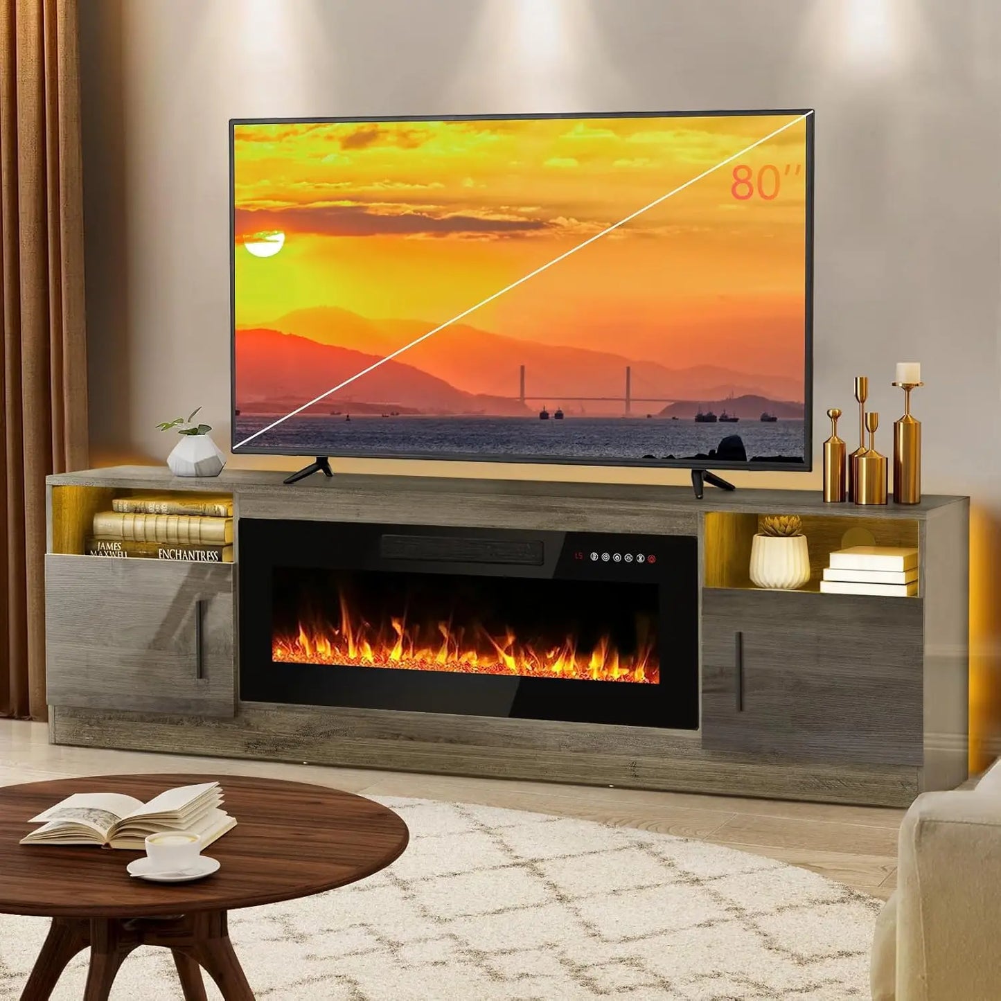 AARON Fireplace LED Entertainment Center, Media TV Console - 70" W