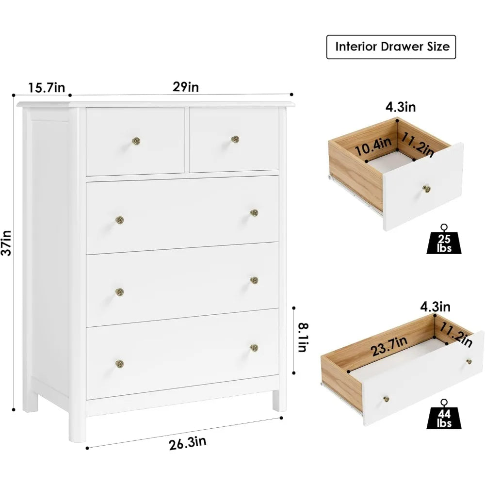LENNON Classic 5-Drawer Wooden Dresser - Minimalist Tall Storage Chest - 29''