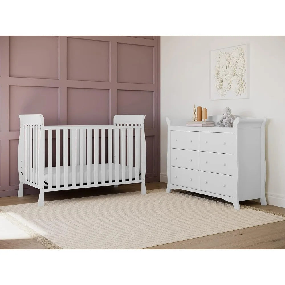 VERA Avalon Classic Sleigh 6-Drawer Dresser – White Wooden Chest for Nursery