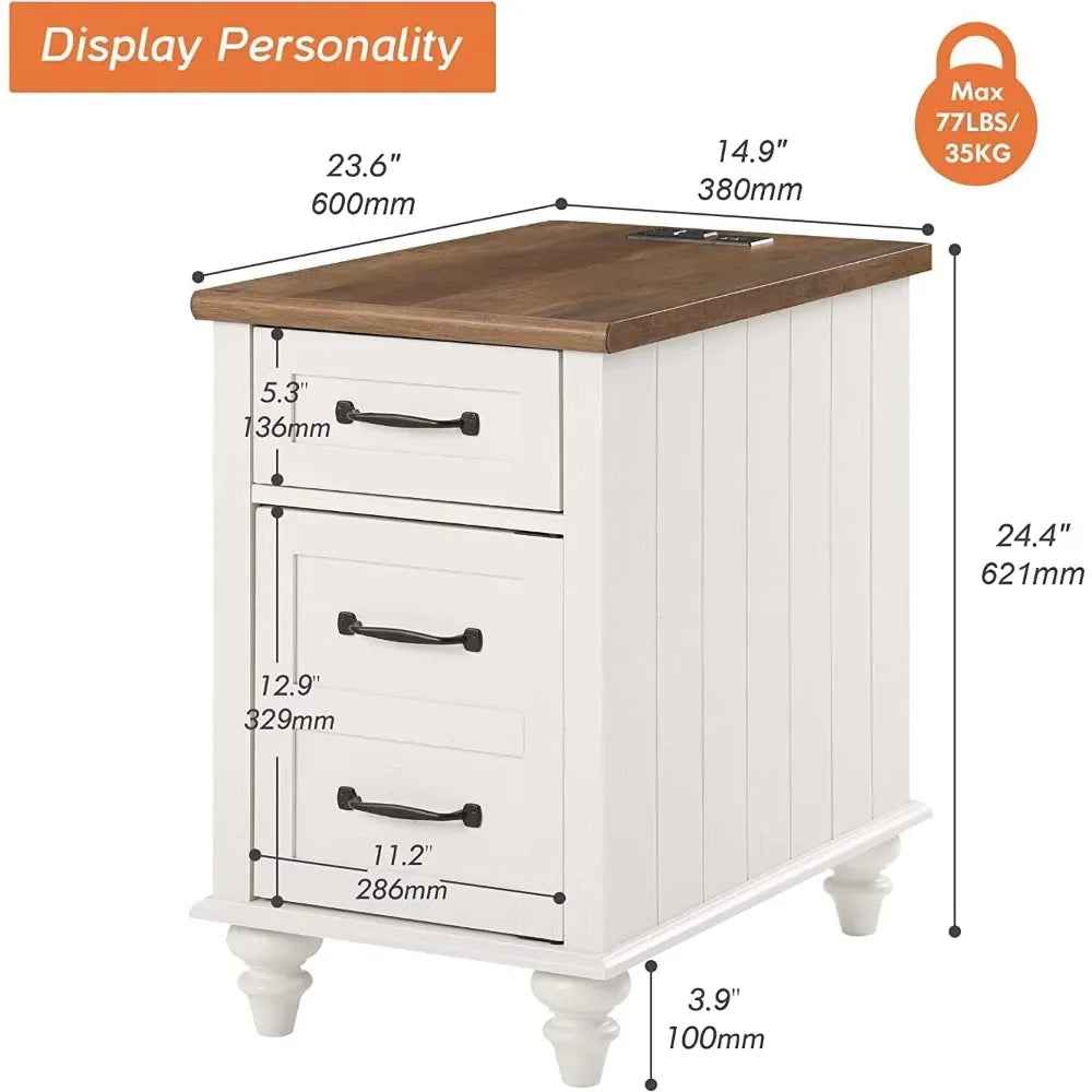 LILLIANA Wood Nightstand with Charging Station and Storage Cabinet – 14.9” Wide