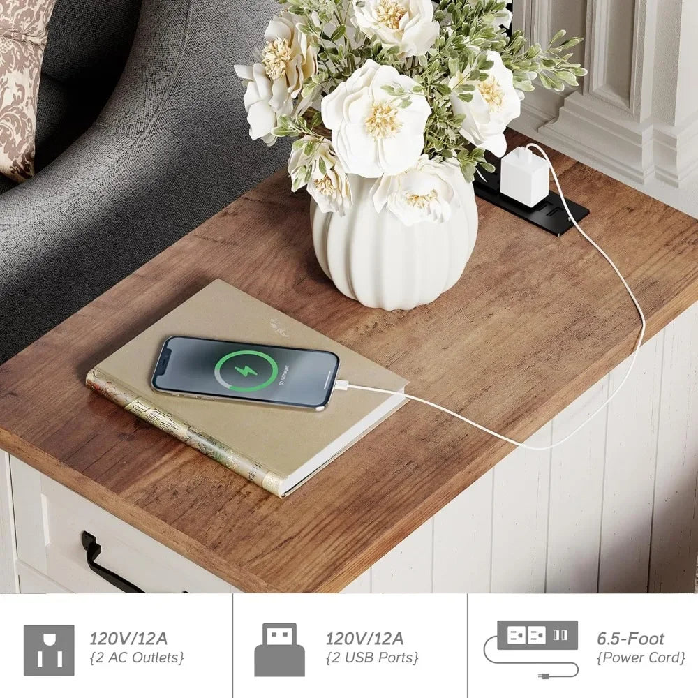 LILLIANA Wood Nightstand with Charging Station and Storage Cabinet – 14.9” Wide