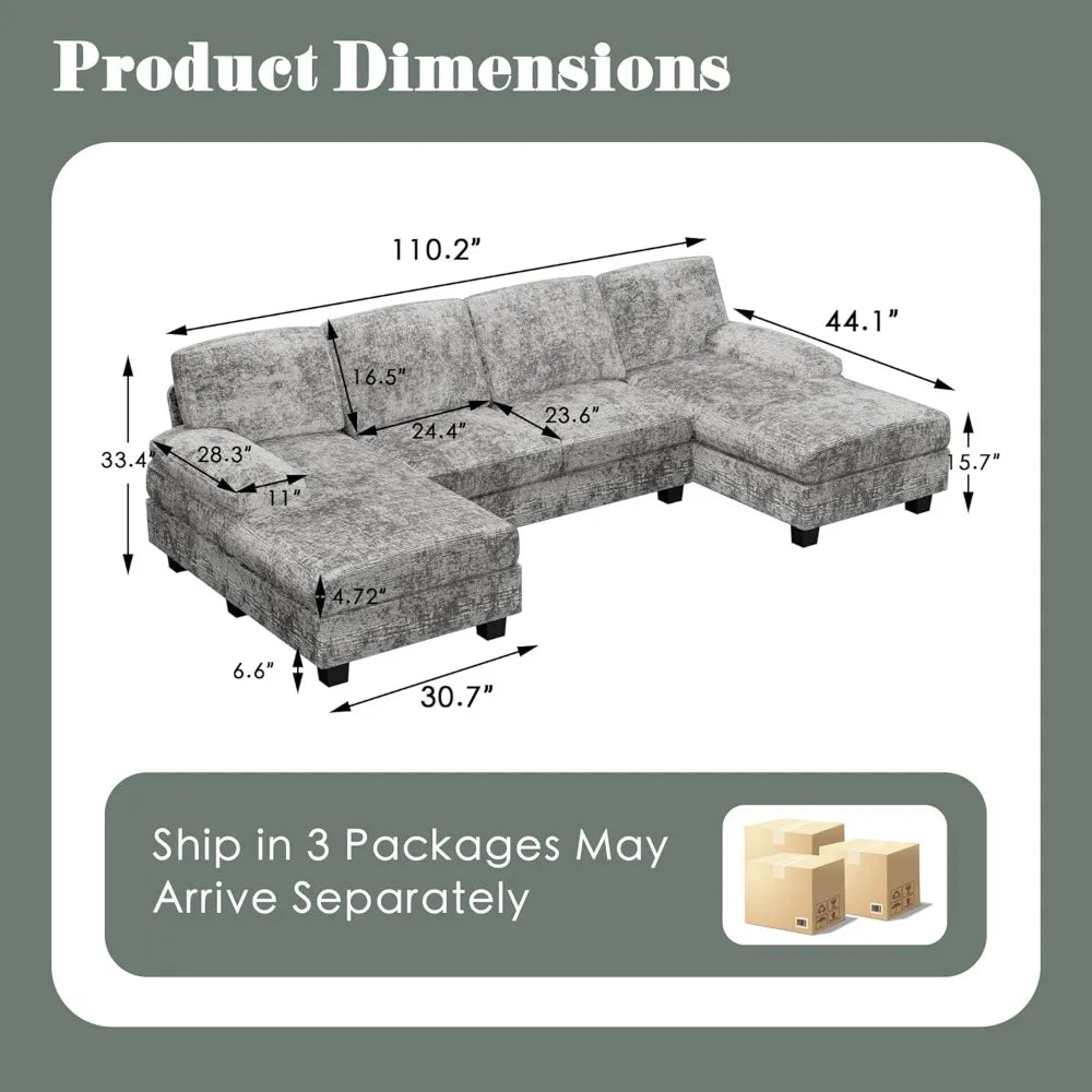 HAYDEN Modern U-Shaped Convertible Fabric Sectional Sofa – Sleeper Couch with Double Chaise | 110.2"W