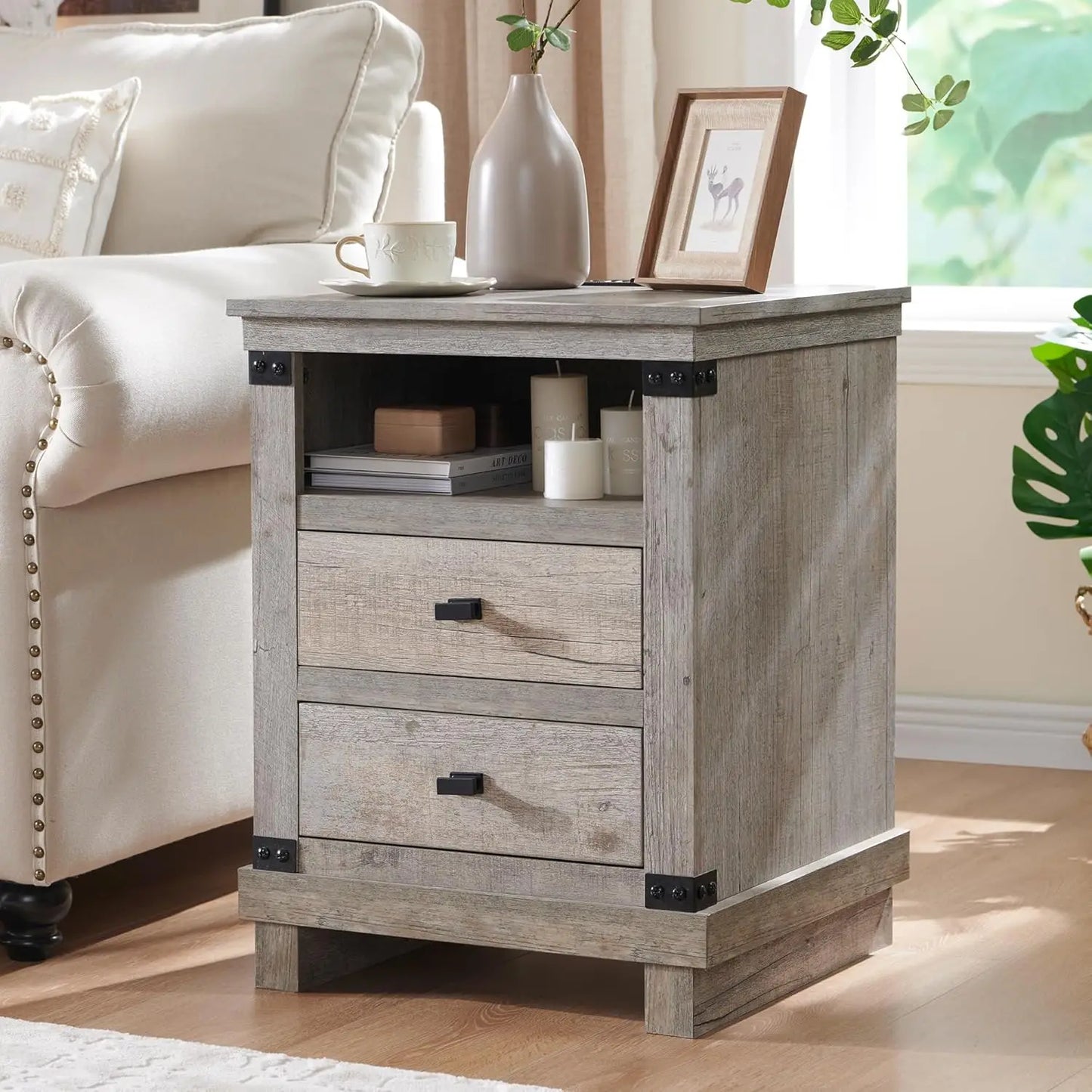 SELAH Rustic Farmhouse Nightstand with Charging Station – 18" Wooden End Table with Storage Drawers