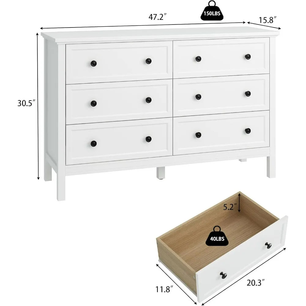 DAPHNE Modern 6 Drawer Dresser – Wide Chest of Drawers with Metal Knob Handles