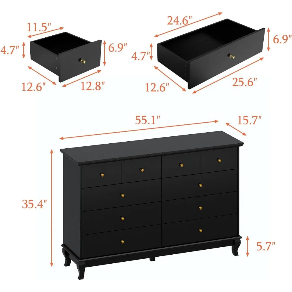 CELESTE Modern Black 10-Drawer Dresser - Traditional Chest of Drawers (55.1" Wide)