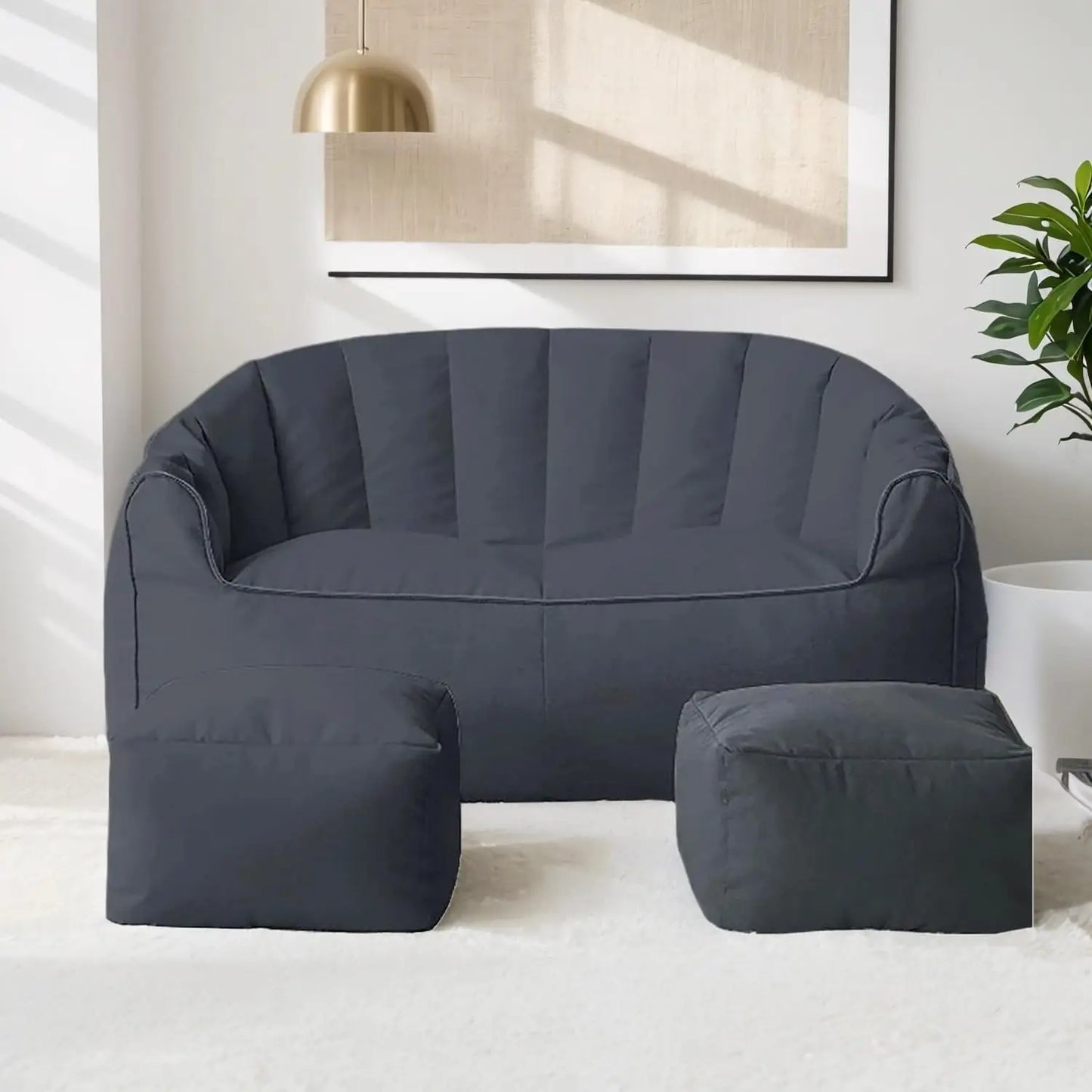 ARIELLE Modern Crescent Bean Bag Loveseat Sofa with Footrests – Cotton Fabric Couch - 45"W