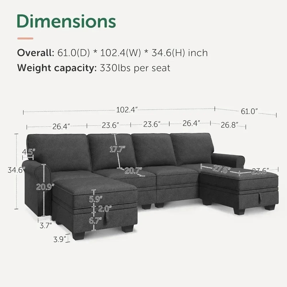 EMERY Modern U-Shaped Sectional Sofa – Convertible 6-Seater Couch | 102.4"W
