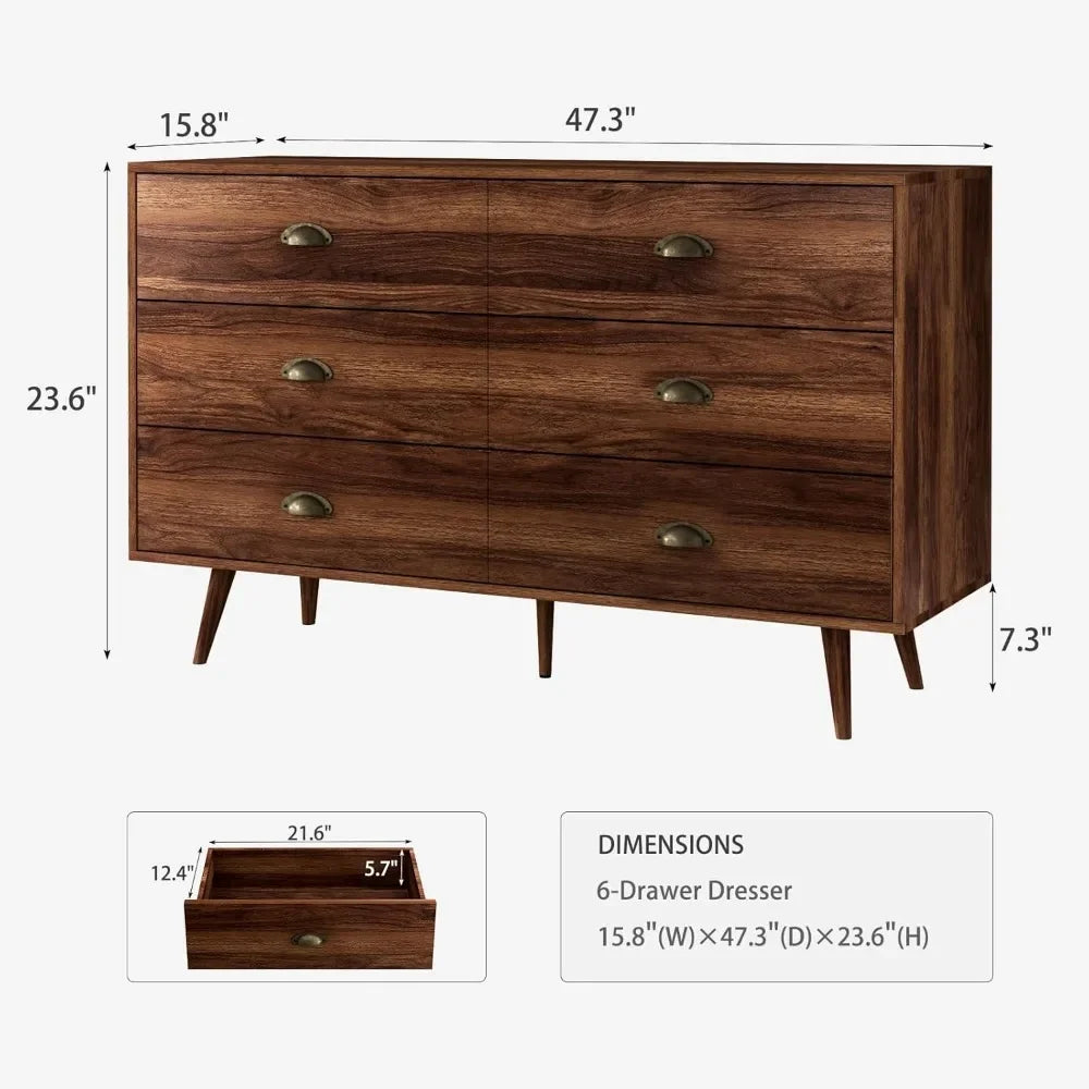 RACHEL Mid-Century Modern 6-Drawer Wood Dresser with Gold Handles - 47.24'' Wide