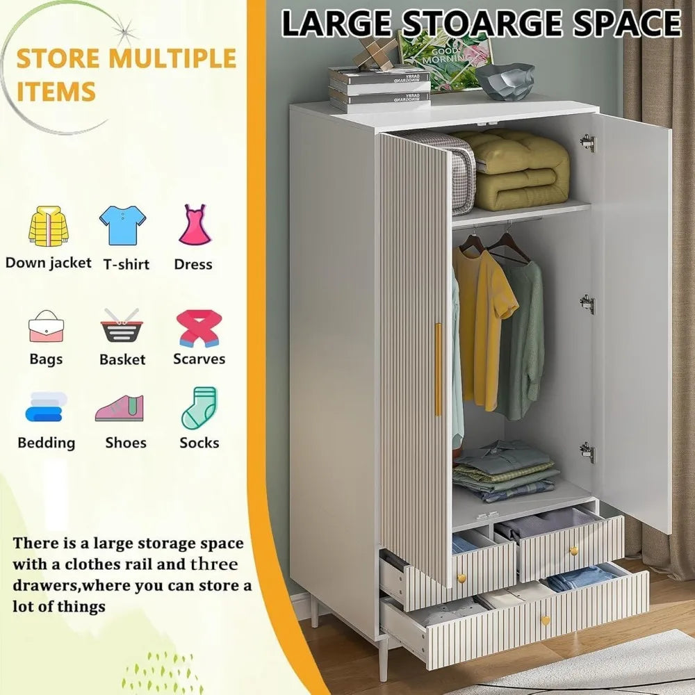 SUNNY Modern Fluted Double-Door Wardrobe Closet Set – 63'' Wide Wooden Bedroom Armoire