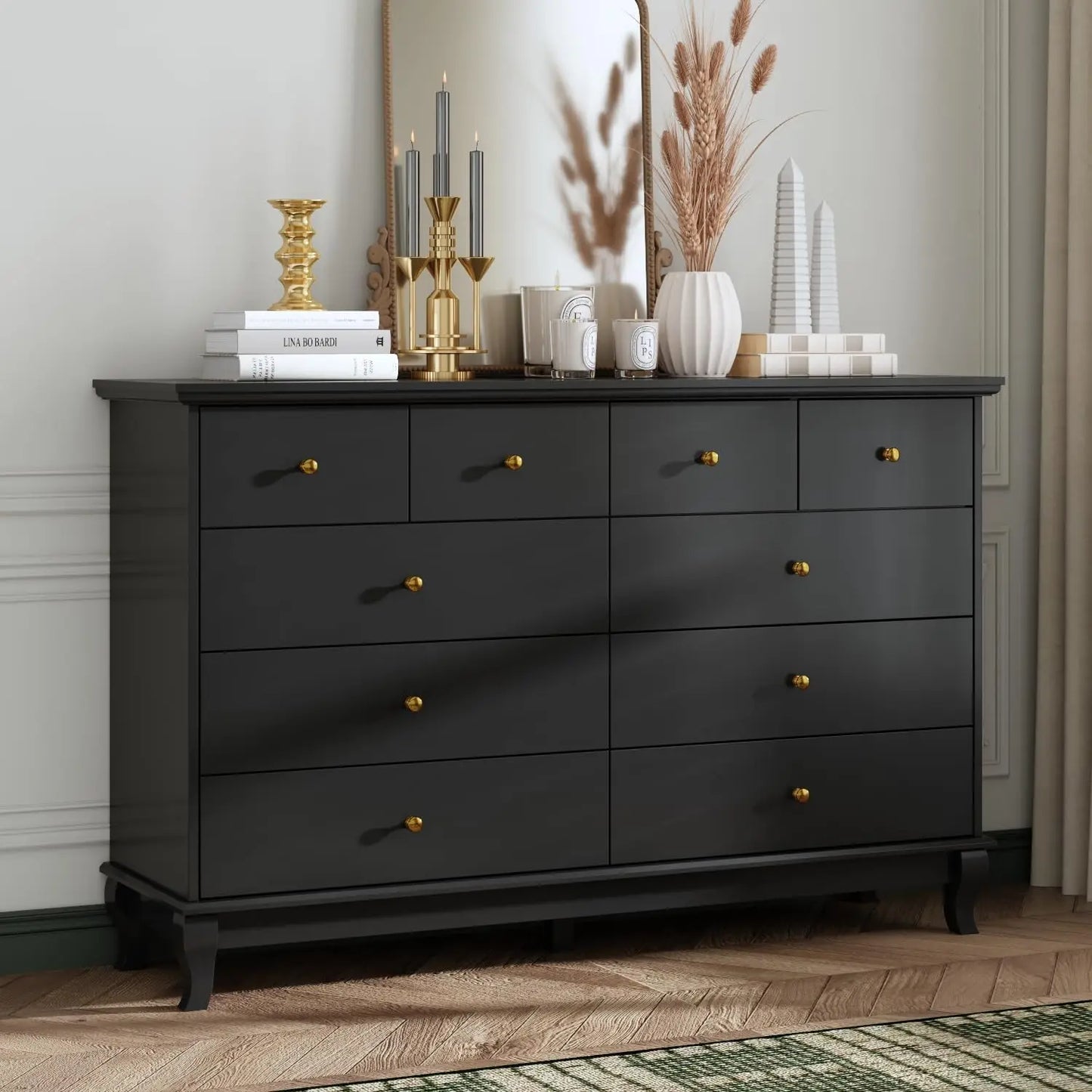 CELESTE Modern Black 10-Drawer Dresser - Traditional Chest of Drawers (55.1" Wide)