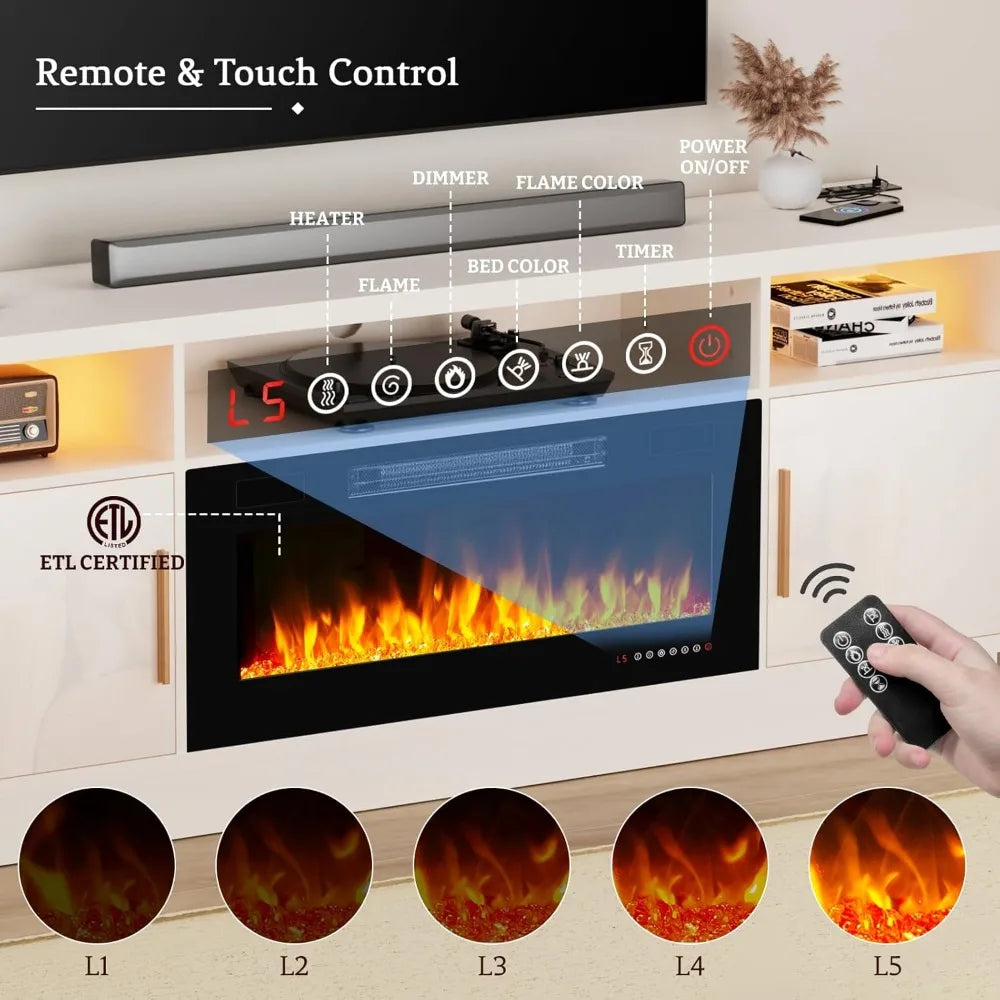 36'' Fireplace-LED Light Entertainment Center for TV-White TV Cabinet with Storage, Modern TV Console for Living Room