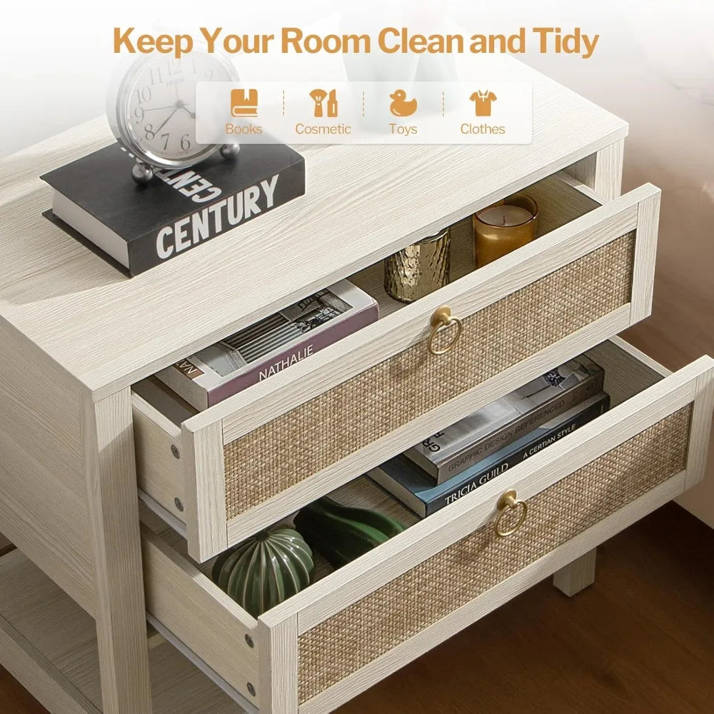 VANESSA White Boho Rattan Nightstand with Drawers & Storage Shelf - 26.7" Wide Bedside Table