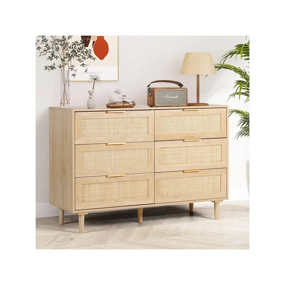 ELIANNA Modern Rattan 6-Drawer Dresser - 43.3" Wide Wood Storage Chest