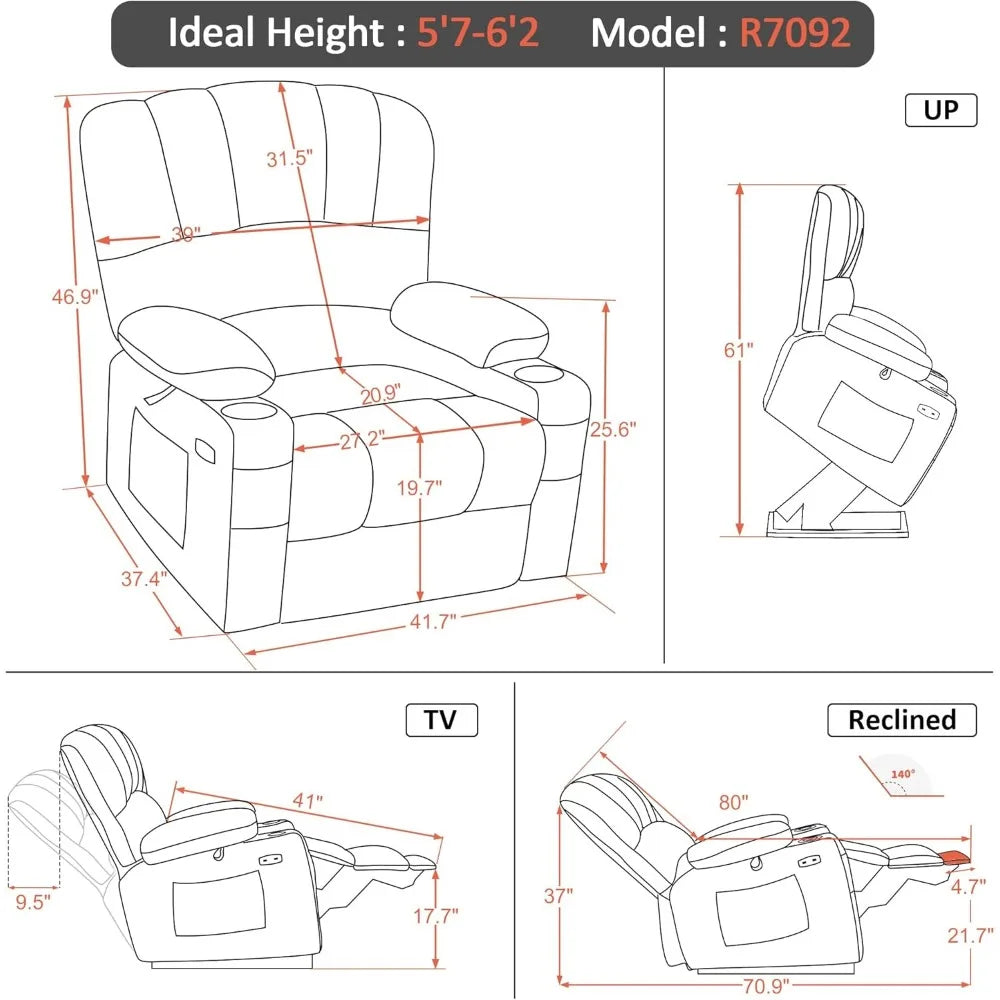 MELANIE Large Power Lift Recliner Chair Sofa with Massage and Heat for Big – 41.7" W