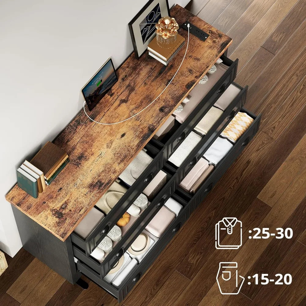 FINLEY Wide 6-Drawer Dresser with Charging Station - Rustic Wood Storage Cabinet