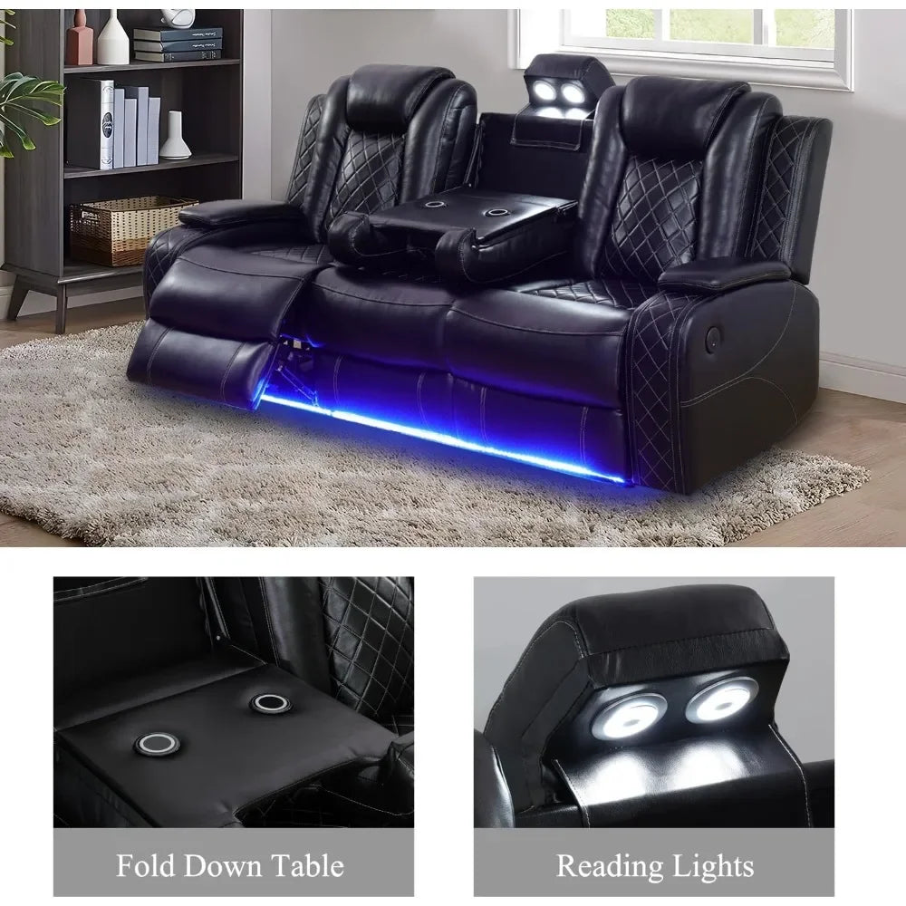 JUAN Leather Power Recliner Sofa Set with LED, USB Port & Cup Holder 83" W