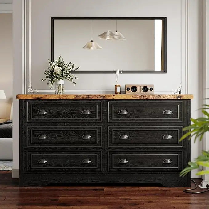 FINLEY Wide 6-Drawer Dresser with Charging Station - Rustic Wood Storage Cabinet