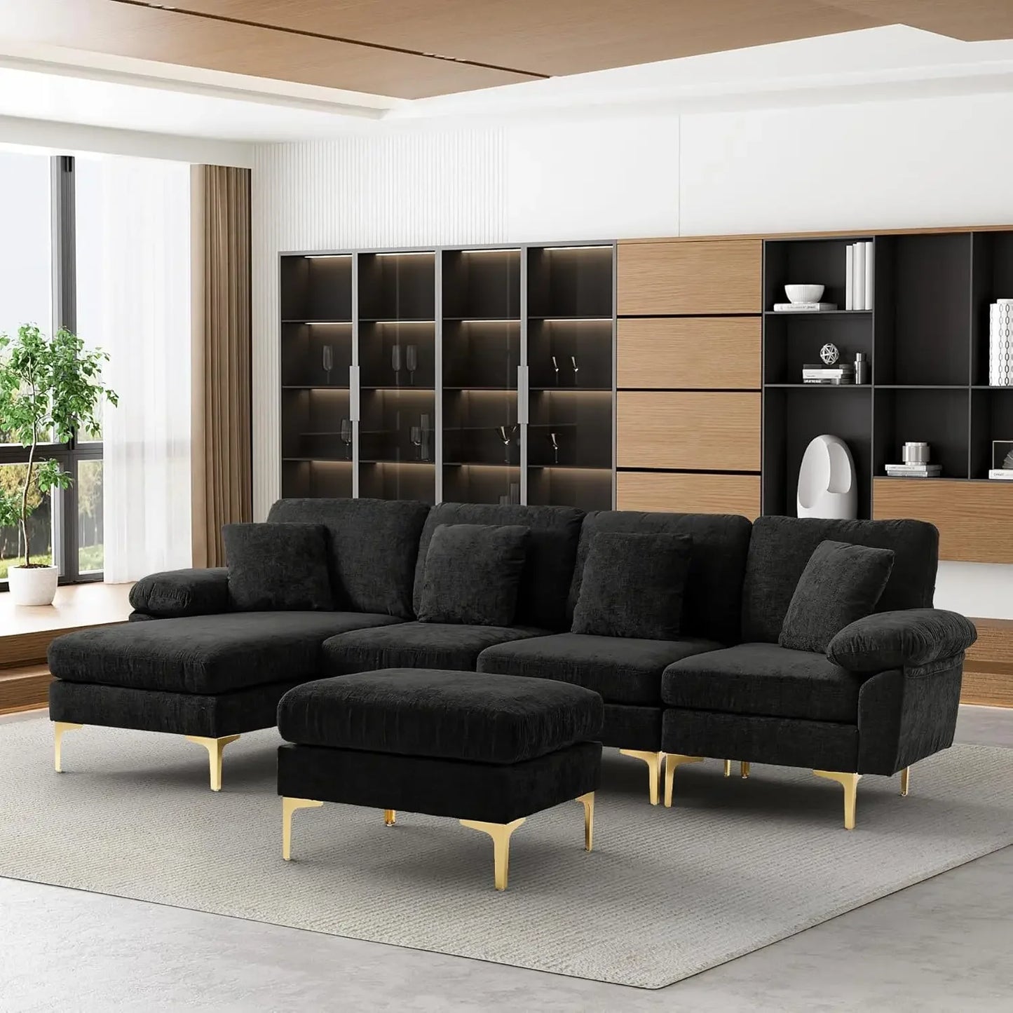 RYKER Modern Velvet U-Shaped Sectional Sofa with Chaise & Ottoman – Sectional Couch – 114.17" W