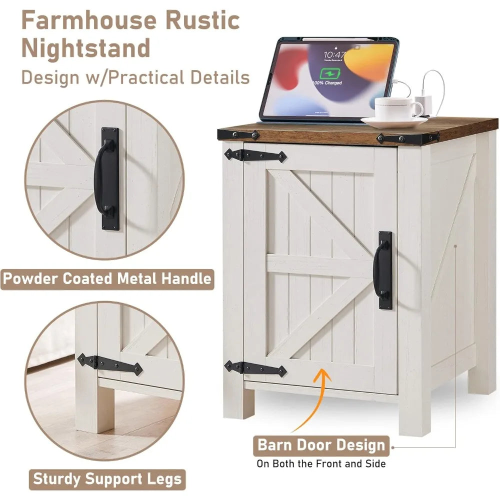 CAMILLA Rustic Farmhouse Barn Door Nightstand with Charging Station - 18'' Wide