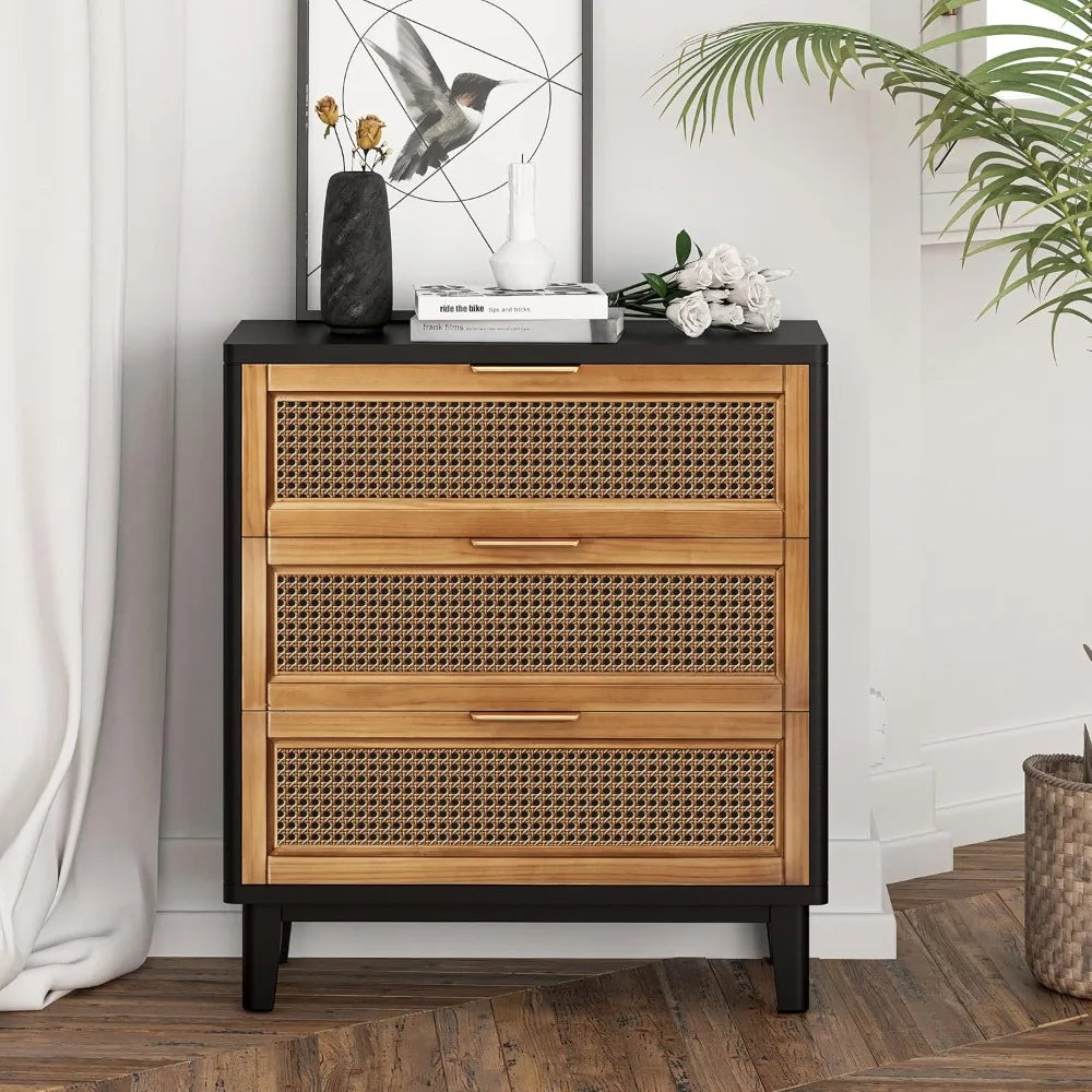 NAVY Farmhouse 3-Drawer Rattan Nightstand - 25" W Black Cane Front Accent Dresser with Brass Pulls