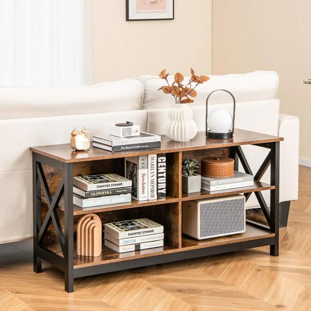 TV Stand for TVs up to 55 Inches, 47" Farmhouse Entertainment Center with 4 Open Shelves & Built-in Cable Holes