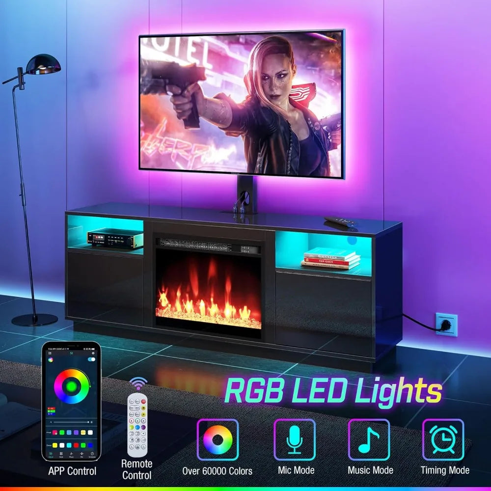 Fireplace TV Stand with Led Lights and Power Outlets Swivel TV Stand Mount for 45/55/60/65 inch TVs Height Adjustable TV Console