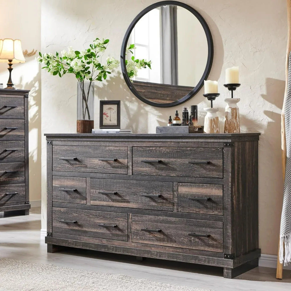KIARA Farmhouse Rustic 7-Drawer Dresser – Antique Wooden Storage Chest – 54'' Wide Description: