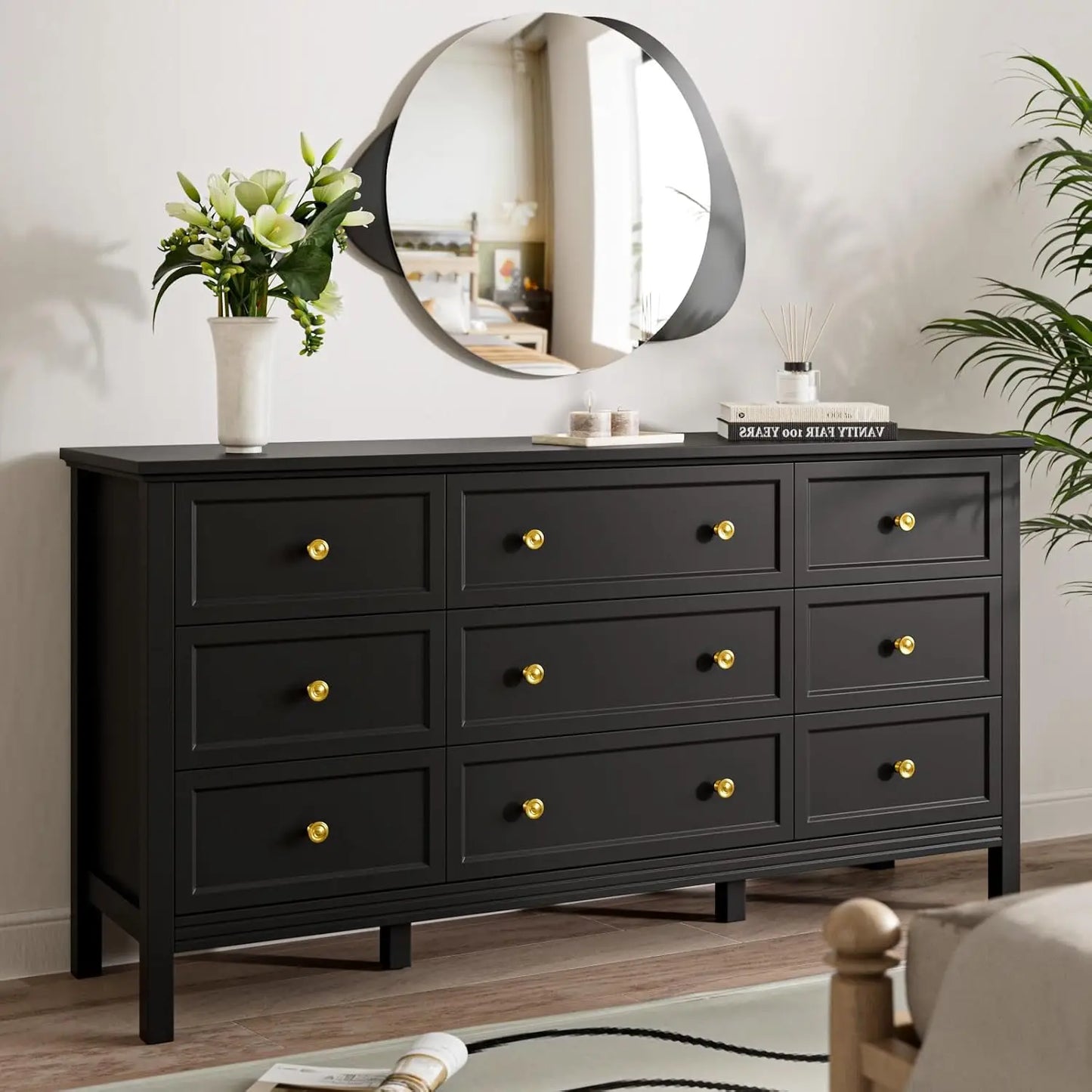 BRYNLEE Modern Minimalist 55'' Wide 7-Drawer Wood Dresser with Gold Handles