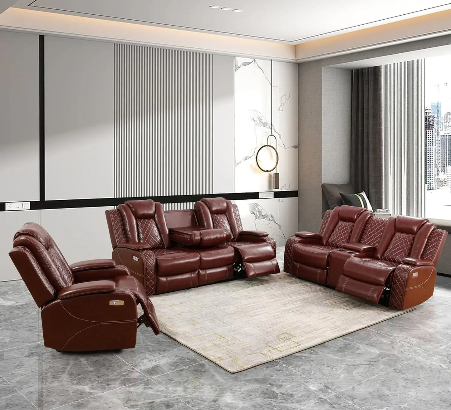JUAN Leather Power Recliner Sofa Set with LED, USB Port & Cup Holder 83" W