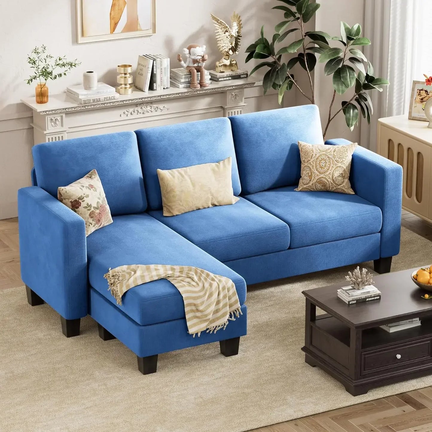 ANGELA Modern Linen Convertible L-Shaped Sectional Sofa – 3-Seater Couch with Movable Ottoman - 70.8"W