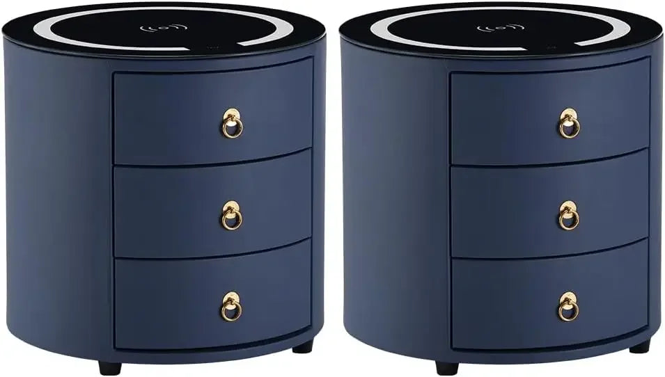 MCKENNA Modern Round Nightstand Set of 2 with Wireless Charging & LED Lights - 18.1''