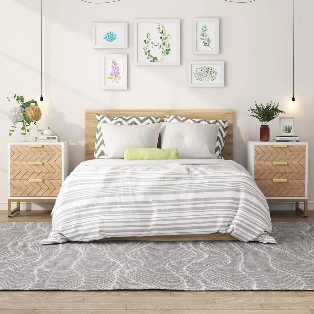 FRANCESCA Modern Zigzag 3-Drawer Nightstand Set – 17.71" Wide Wood & Metal End Table