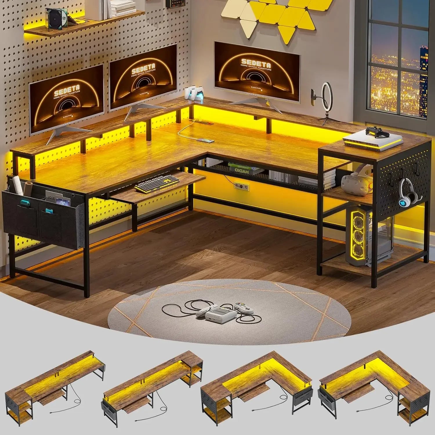 JESSICA L-Shaped Gaming Desk with LED Strip & Power Outlets – PC Desk – 56.7''W